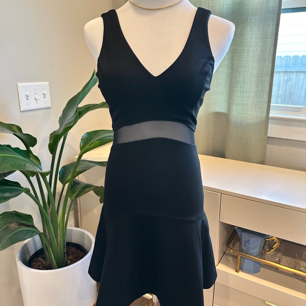 Classic Black V‑Neck Fit-and-Flare Dress with Mesh Waist